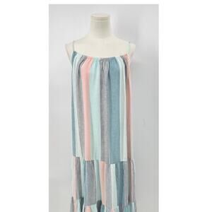 Rails Stripe Sleeveless Linen Midi Dress White Pink Green Long Sundress M